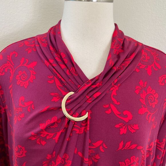 Liz Claiborne Womens Plus 2X Red Purple Floral Long Sleeve Top Gold Ring Accent - Picture 2 of 10